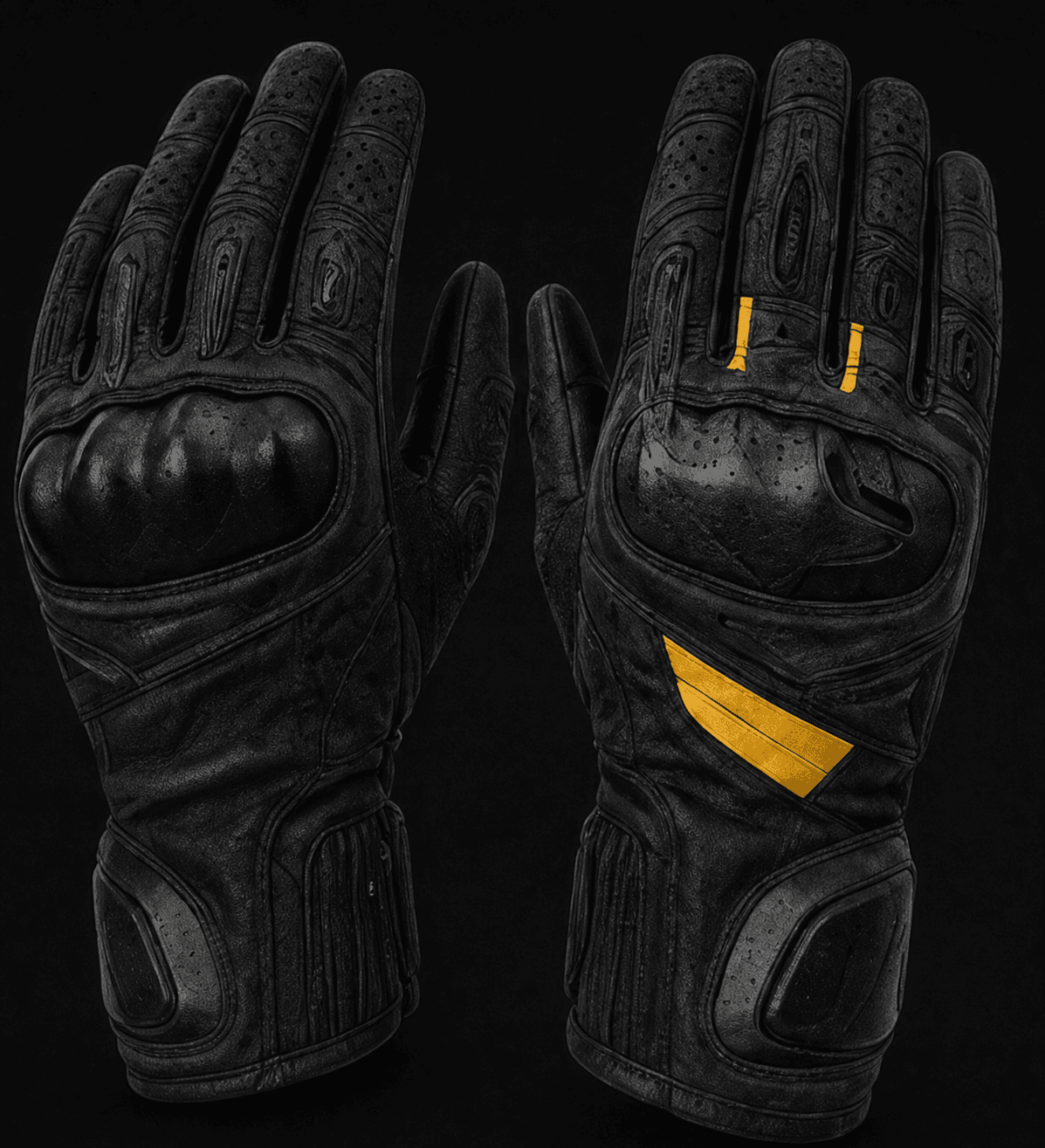 Black RAVN sport motorcycle gloves with yellow details and protective knuckles