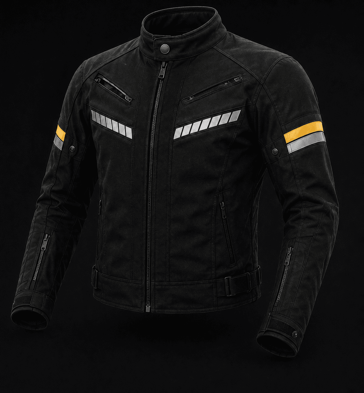 Front view of black RAVN 1.0 sport textile motorcycle jacket with yellow arm stripe and reflective chest details